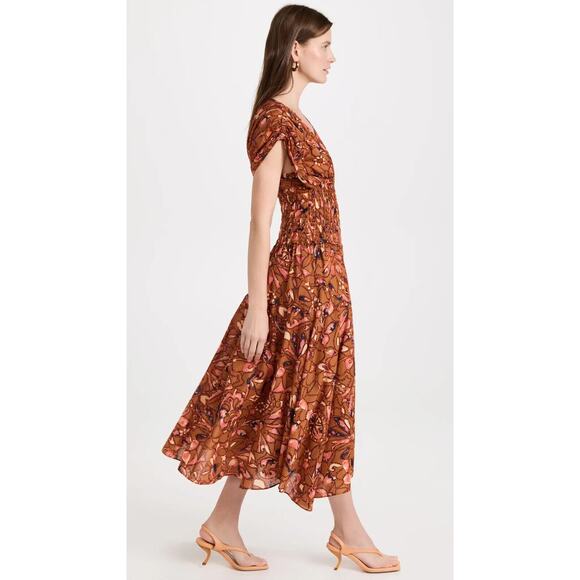 NWT A.L.C. Lucia Smocked V-Neck Midi Dress Size 10 Bronze Multicolor 1B460 - Picture 2 of 10